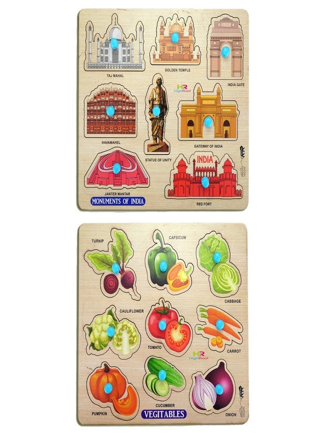HIGHROOF® Kids Fort Pre Nursery Educational Jigsaw Puzzles for Adults Kids Learning Toys Kit Board Game 2 pcs Set of Monuments of India & Vegetables Educational Toy - Image 1